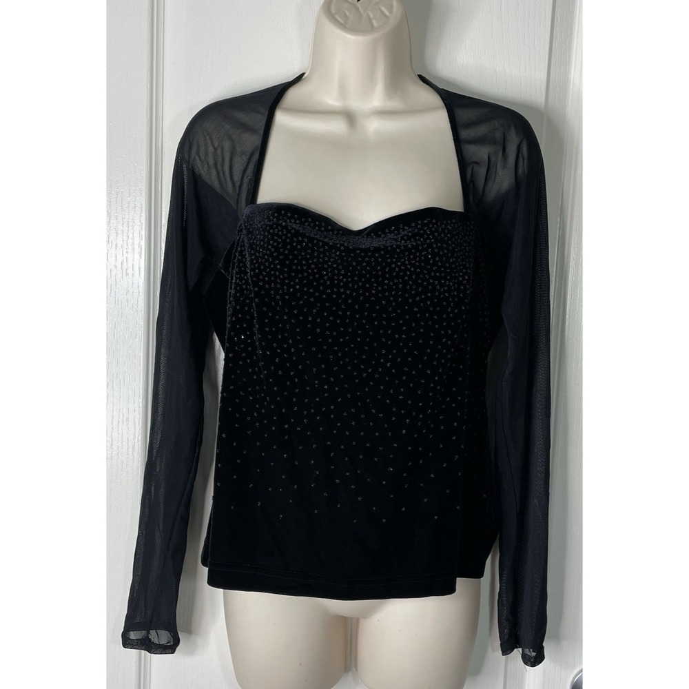 Bobbie Bee Top Blouse 16 Lace Black Velvet Sheer Beaded Whimsigoth Fairygoth y2K